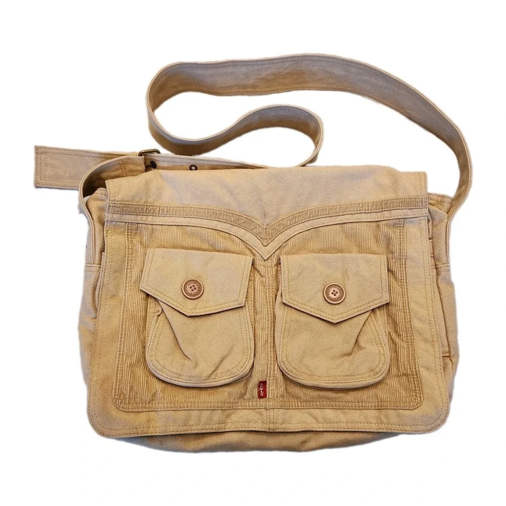 Vtg Y2K LEVI STRAUSS Khaki Beige Canvas Corduroy Messenger Book Bag Satchel